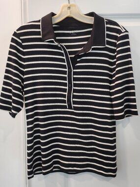 LOFT CLASSIC KNIT POLO PULLOVER BLACK/WHITE STRIPE LARGE